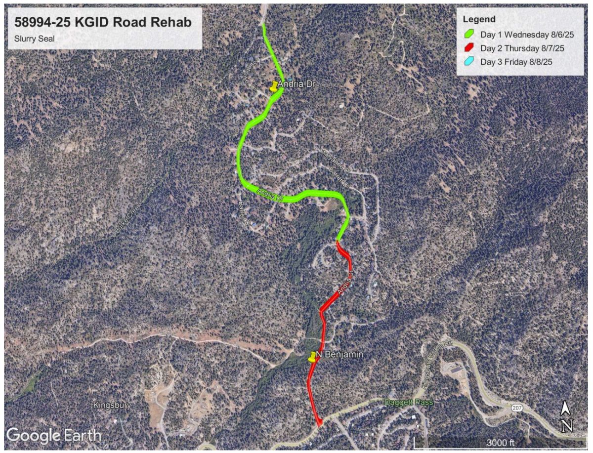 KGID Slurry Seal on the streets N. Benjamin on 8/7/25 & Andria Dr. on 8/6/25 